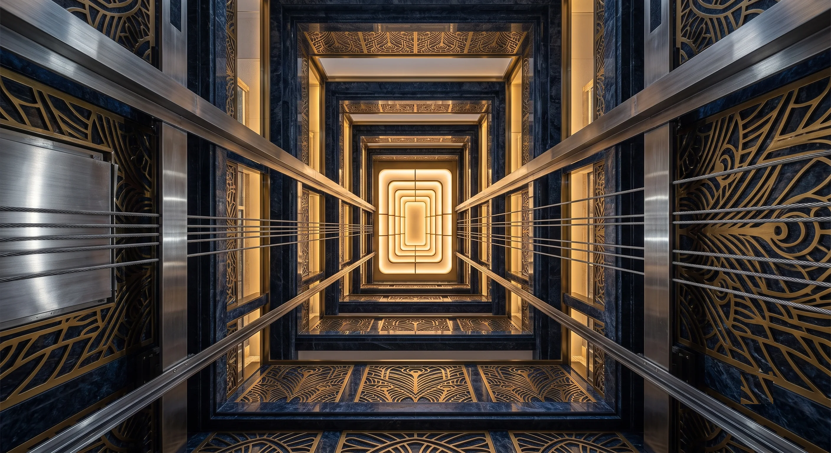 Sculptural view of an elevator shaft